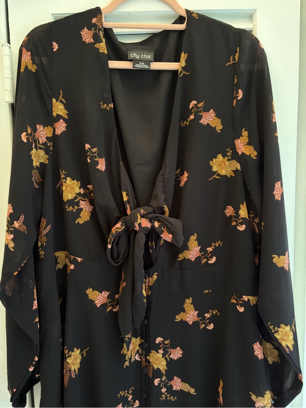 City Chic Black Maxi Dress with Pinkish Rust & Mustard Floral Print